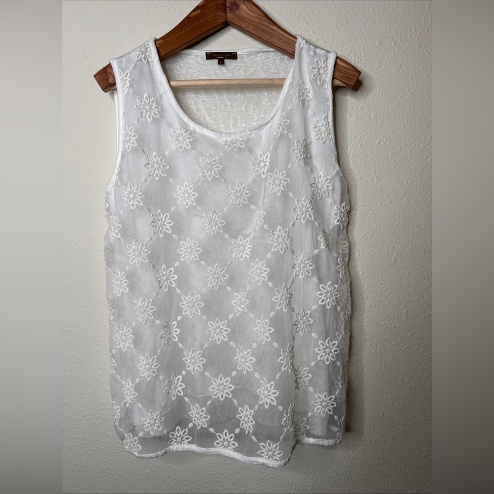 PIAZZA ROMA IVORY WHITE LACE AND KNIT TANK TOP, LINEN & COTTON BLEND large